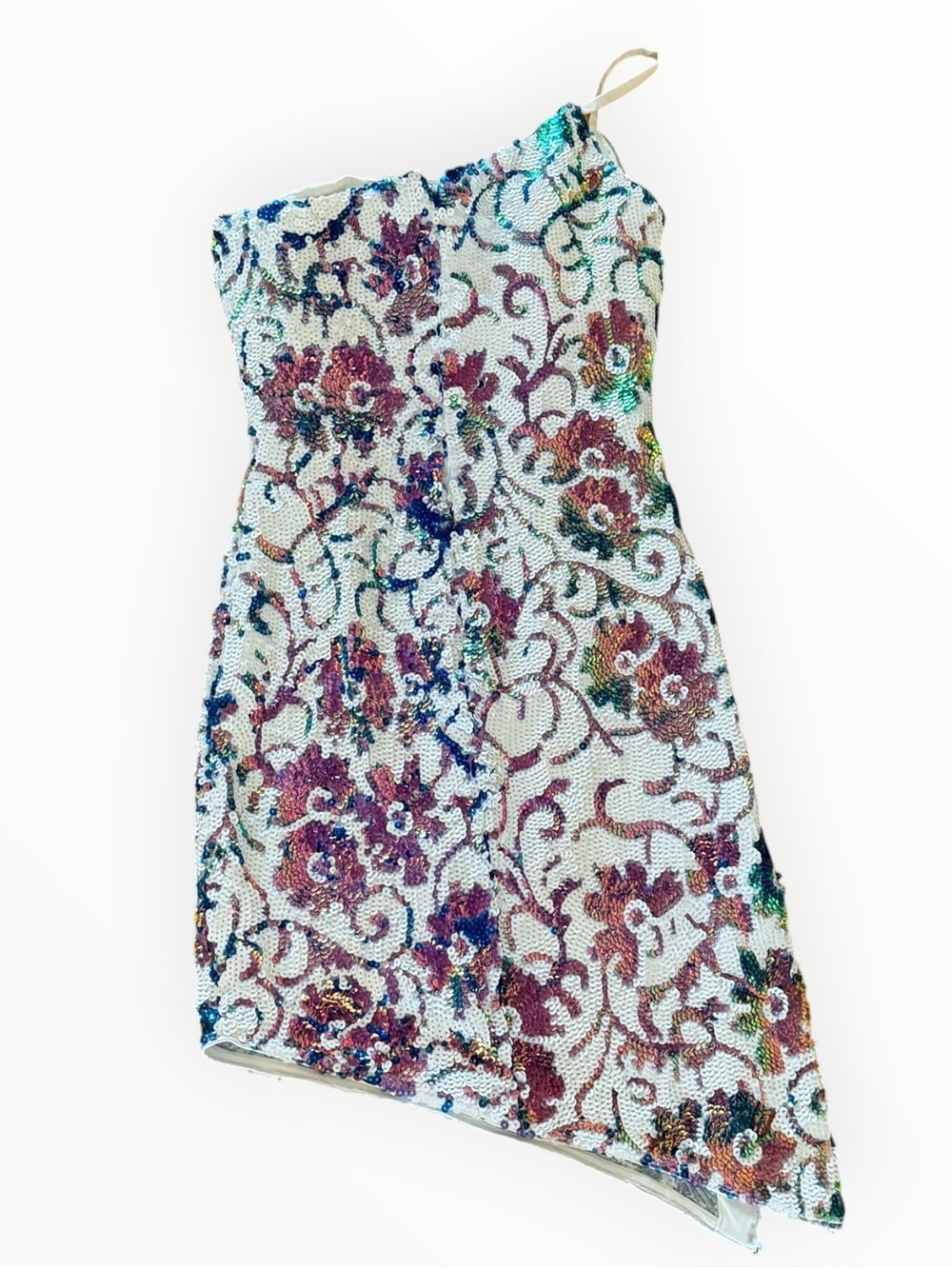 JOVANI White Multi One-Shoulder Sequin Floral Mini Dress Asymmetrical Slit 10 - Picture 3 of 9